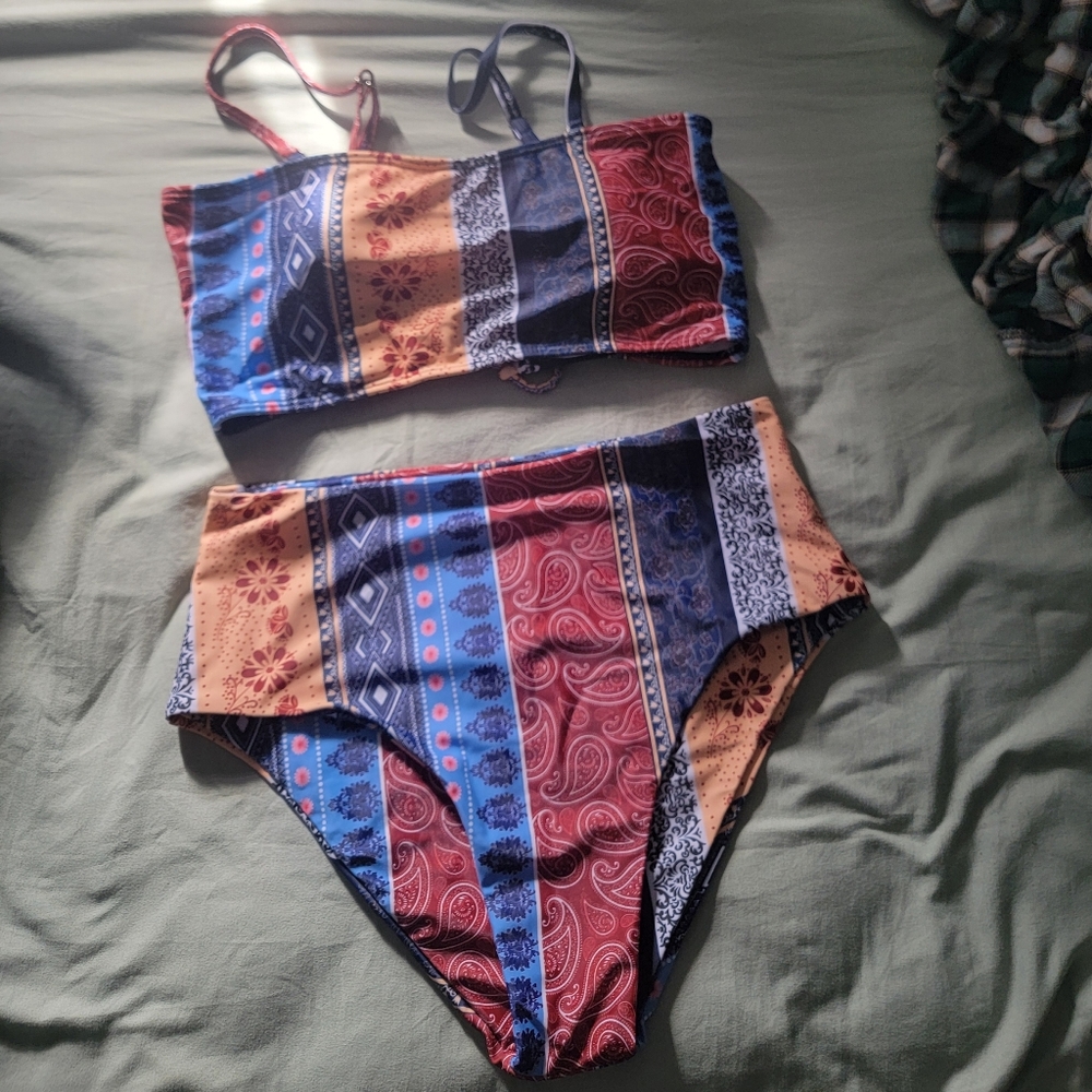 SHEIN Red and Blue Patterned Bikini Set